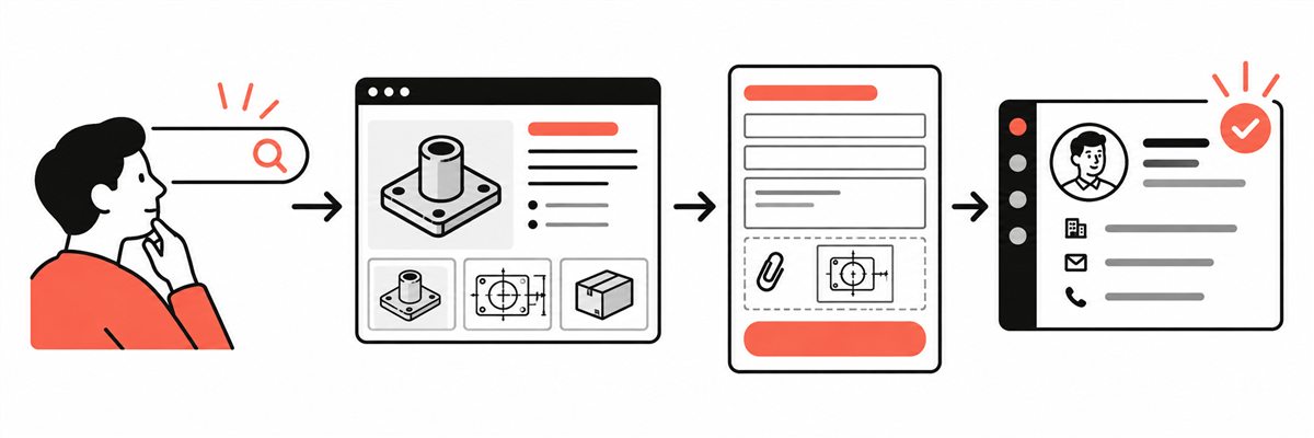 Путь B2B-покупателя от поисковой выдачи через страницу изделия к отправке чертежа и квалифицированной заявке
